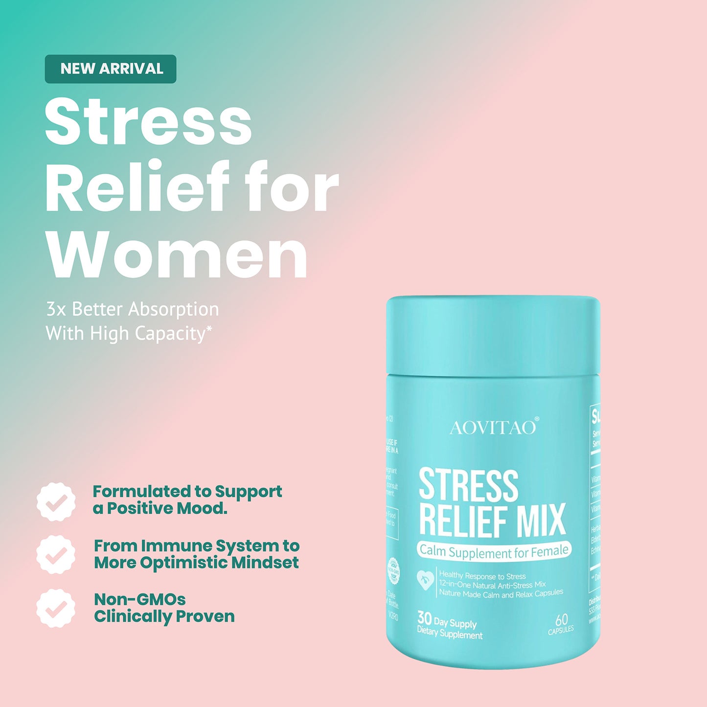 STRESS RELIEF MIX For Women Supplement With L-Theanine Magnesium, Stress Relief, Focus And Relaxation Support Anxiery Pill